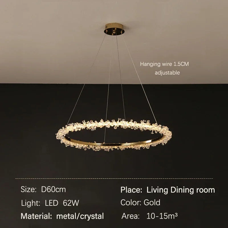 DecorBites™ ثريا كريستال ذهبية مستديرة | ثريا هالو LED فاخرة بنمط نورديك لغرفة المعيشة