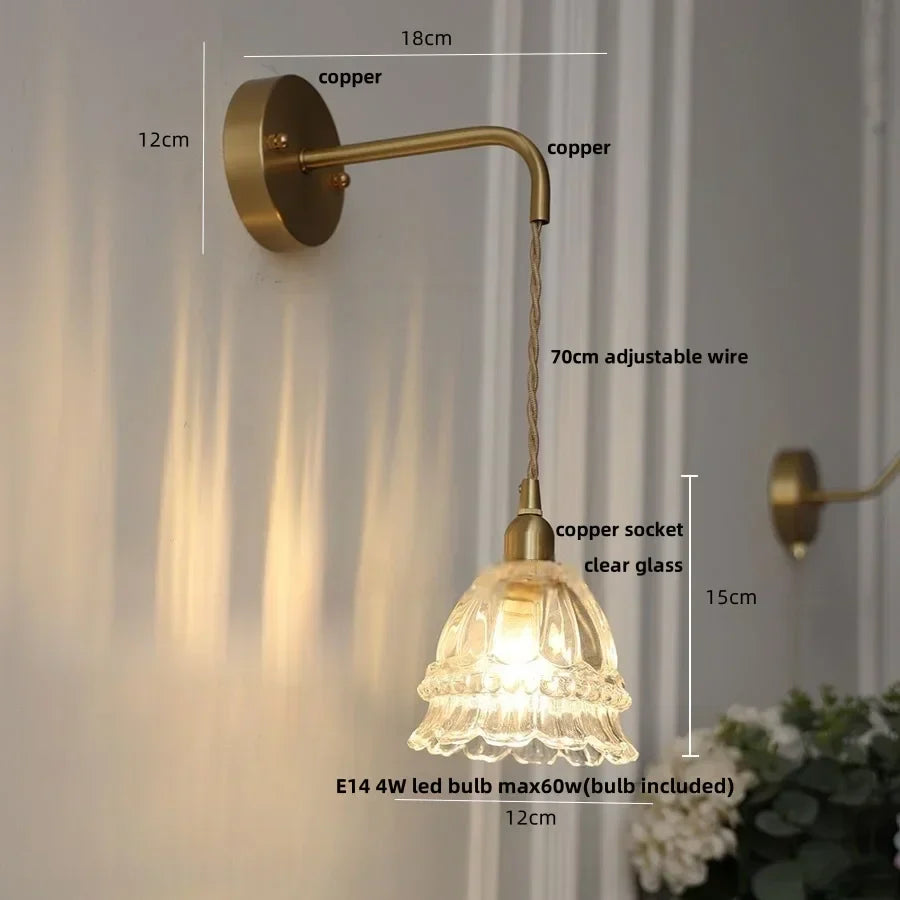 DecorBites™ Amber Glass LED Wall Light with Pull Chain Switch, Modern Nordic Flower Wall Sconce