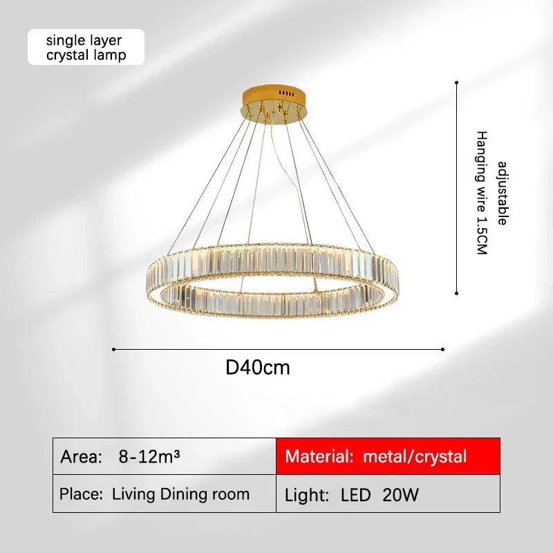 ثريا كريستال ذهبية من DecorBites™: هالة إضاءة LED فاخرة وعصرية بتصميم نورديك لغرفة المعيشة