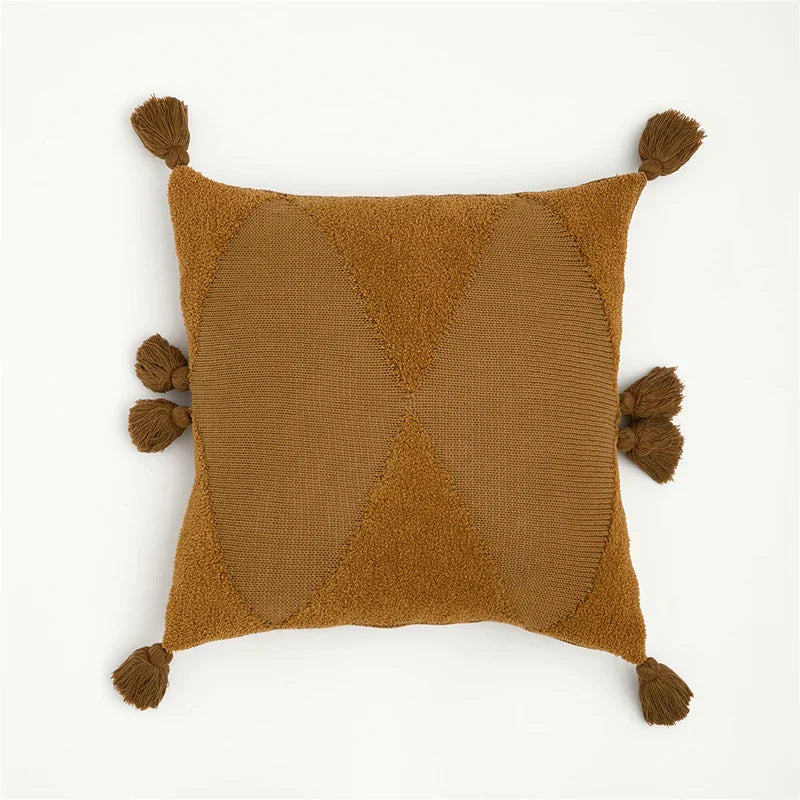 DecorBites™ Knitted Mustard Blue Tassel Cushion Cover for Home Sofa Bed Decor