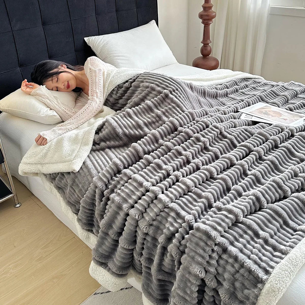 DecorBites™ Cozy Lamb Wool Plush Blanket for Adults: Soft, Thickened, Multi-Use Ribbed Shawl