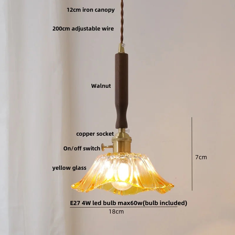 DecorBites™ Amber Glass LED Pendant Light, Nordic Modern Design, Walnut Wood, Dining Living Room Lighting
