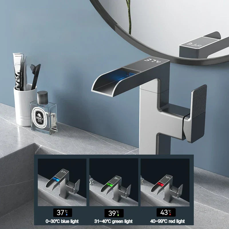 DecorBites™ LED Waterfall Basin Faucet with Temperature Display - 360° Rotation