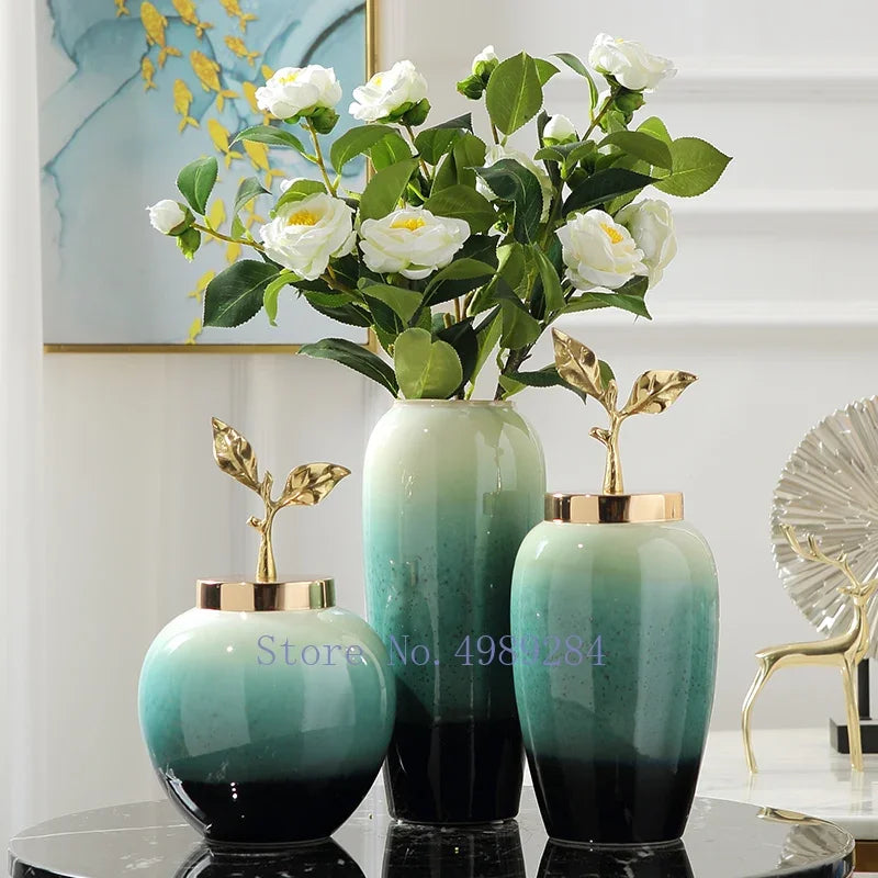 مزهرية DecorBites™ الخزفية المتدرجة مع غطاء أوراق ذهبية لديكور المنزل العصري وحفلات الزفاف
