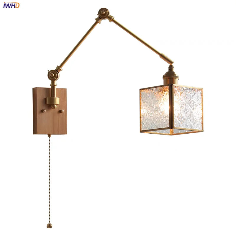 DecorBites™ Ash Wood LED Wall Lights Swing Arms Blue Glass Bedside Lamp