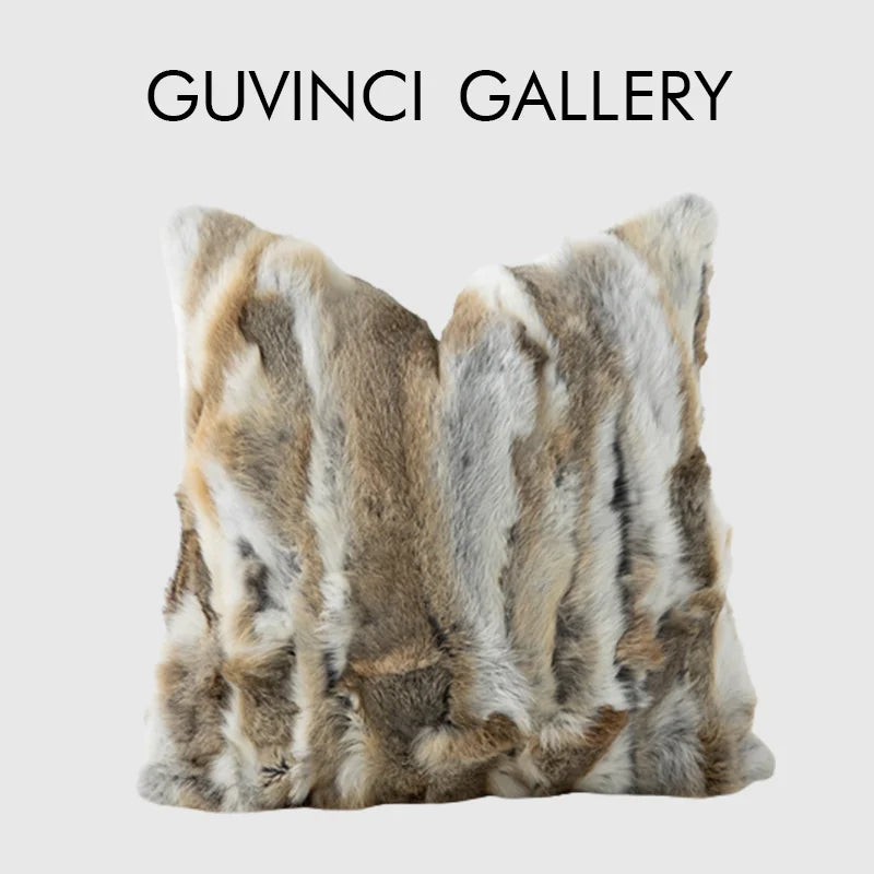 DecorBites™ Ivory Tawny Rabbit Fur Handmade Throw Pillow Covers - Modern Luxury Decor