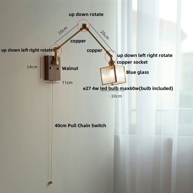 DecorBites™ Ash Wood LED Wall Lights Swing Arms Blue Glass Bedside Lamp