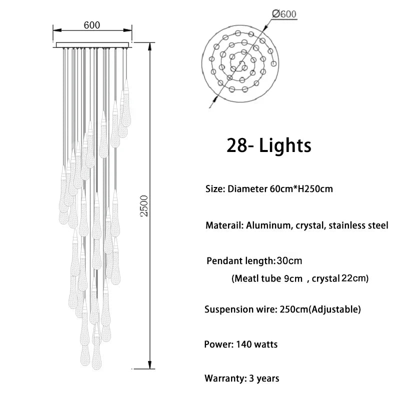 DecorBites™ Crystal Tear Drop Chandelier: Gold LED Pendant Light for Villa Staircase and Living Room