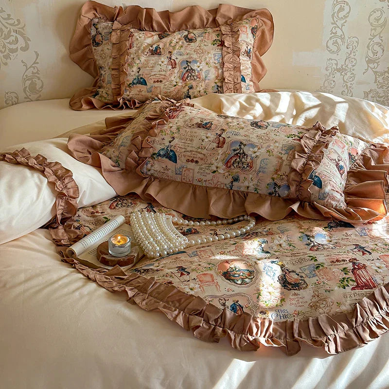 DecorBites™ 100% Cotton French Print Lace Ruffles Bedding Set - 4 Piece Bed Sets