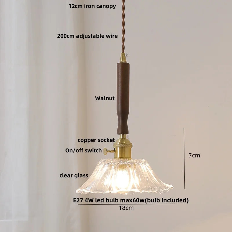 DecorBites™ Amber Glass LED Pendant Light, Nordic Modern Design, Walnut Wood, Dining Living Room Lighting