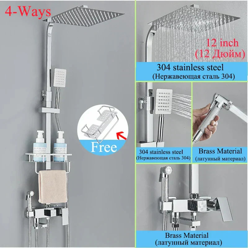DecorBites™ Black Brass Shower Faucet Set with Rotatable Tub Spout and Rain Shower Column