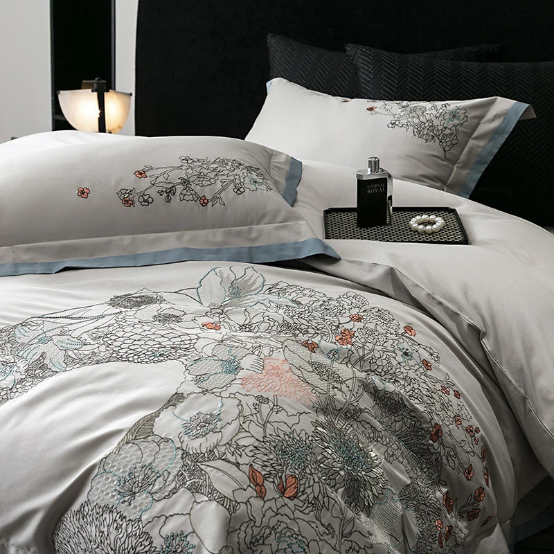 طقم سرير فاخر من DecorBites™ مطرّز بالقطن والزهور والخيول - غطاء لحاف، شرشف سرير، أغطية وسائد