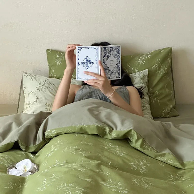 Parure de lit jacquard feuilles de bambou DecorBites™ : Douce et confortable, 100 % coton, verte, pour adultes et enfants.