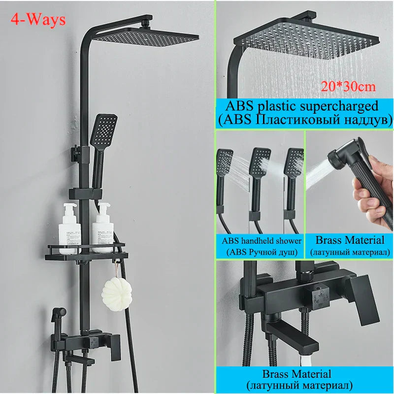DecorBites™ Black Brass Shower Faucet Set with Rotatable Tub Spout and Rain Shower Column