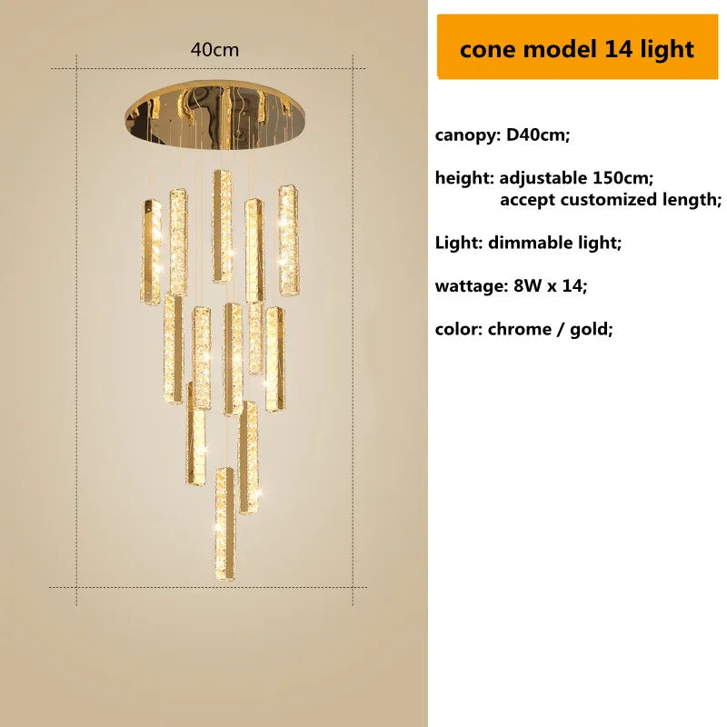 أضواء معلقة من الكريستال من الستيل المطلي بالكروم الذهبي من DecorBites™ مزودة بإضاءة LED قابلة للتعتيم لدرج الفيلا