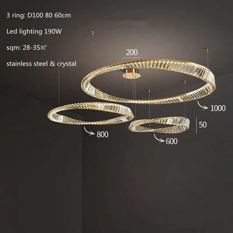 DecorBites™ Gold Steel Rings Crystal Pendant Light