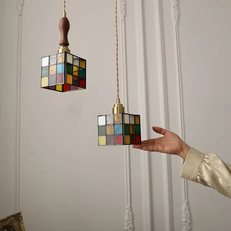 DecorBites™ Cube LED Pendant Lamp Walnut Wood Glass Hanging Lights for Restaurant and Bedroom