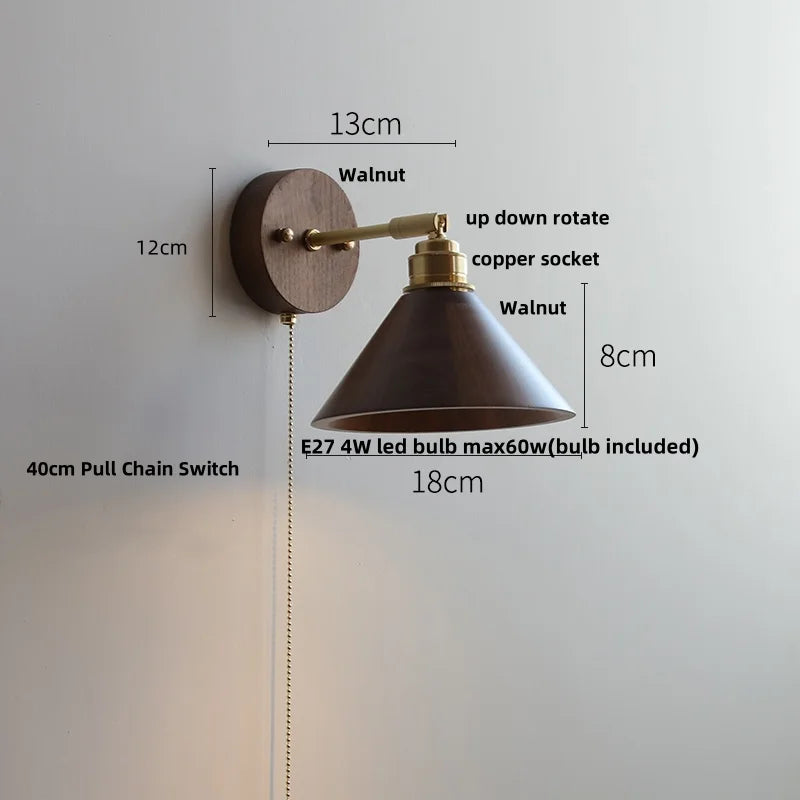 DecorBites™ Copper Lampshade LED Wall Sconce Pull Chain Switch Nordic Modern Walnut Wood Mirror Light