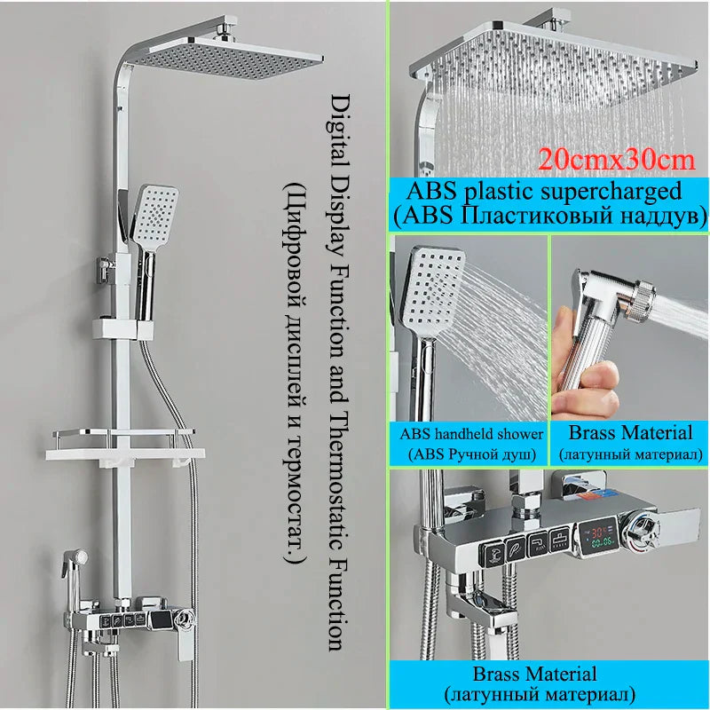 DecorBites™ Digital Display Thermostatic Shower Faucet Set with Rain Shower Column, Black