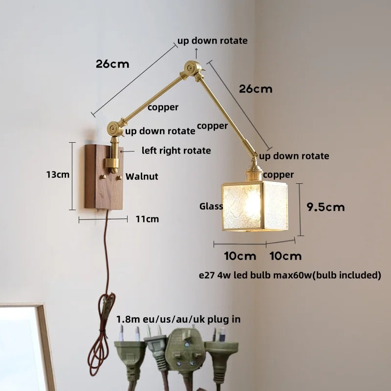 DecorBites™ LED Walnut Wood Cube Glass Wall Light with Pull Chain Switch