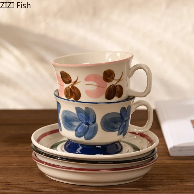 طقم فنجان وصحن سيراميك مزين بزهور حبر من DecorBites™ - كوب قهوة مطلي بالذهب لطاولة الطعام
