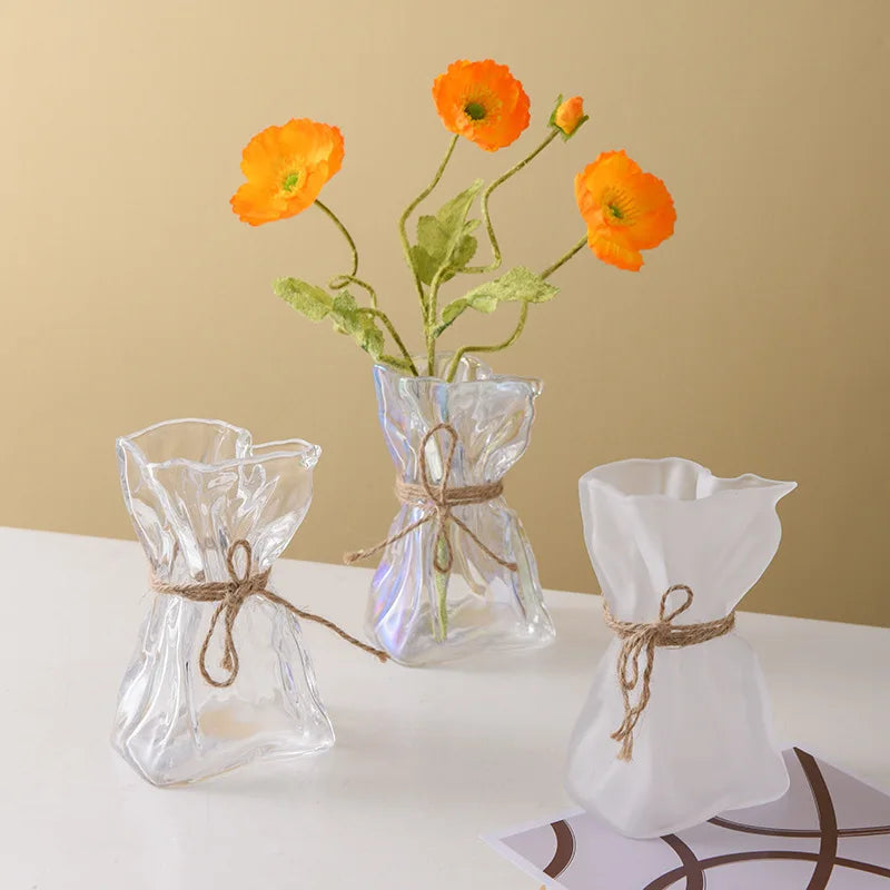 DecorBites™ مزهرية زجاجية شفافة مطوية بشكل غير منتظم، زينة يدوية، مزهريات زهور مائية