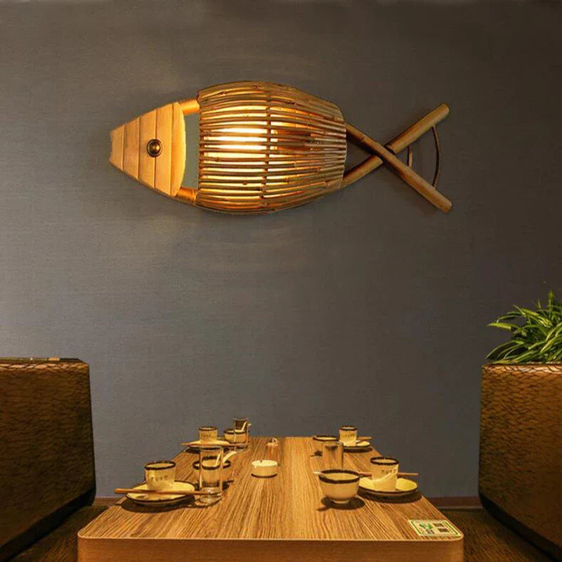 DecorBites™ Bamboo Fish Wall Lamp: Retro Cafe Bar Teahouse Decor, Living Room Farm Hotel Light