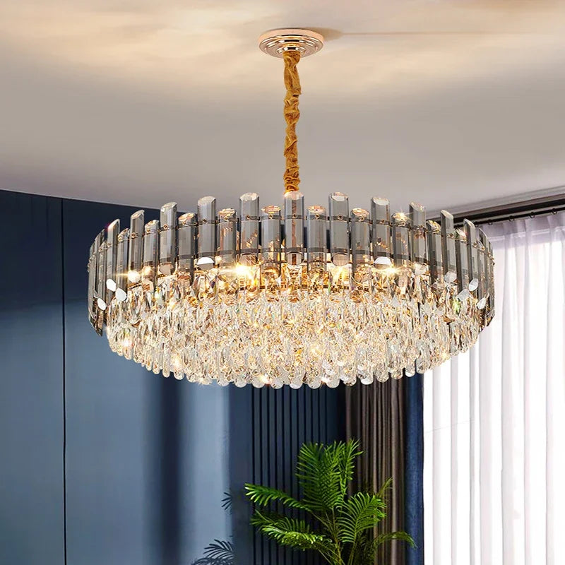 DecorBites™ Lustre en cristal doré pour salon, luminaire de luxe