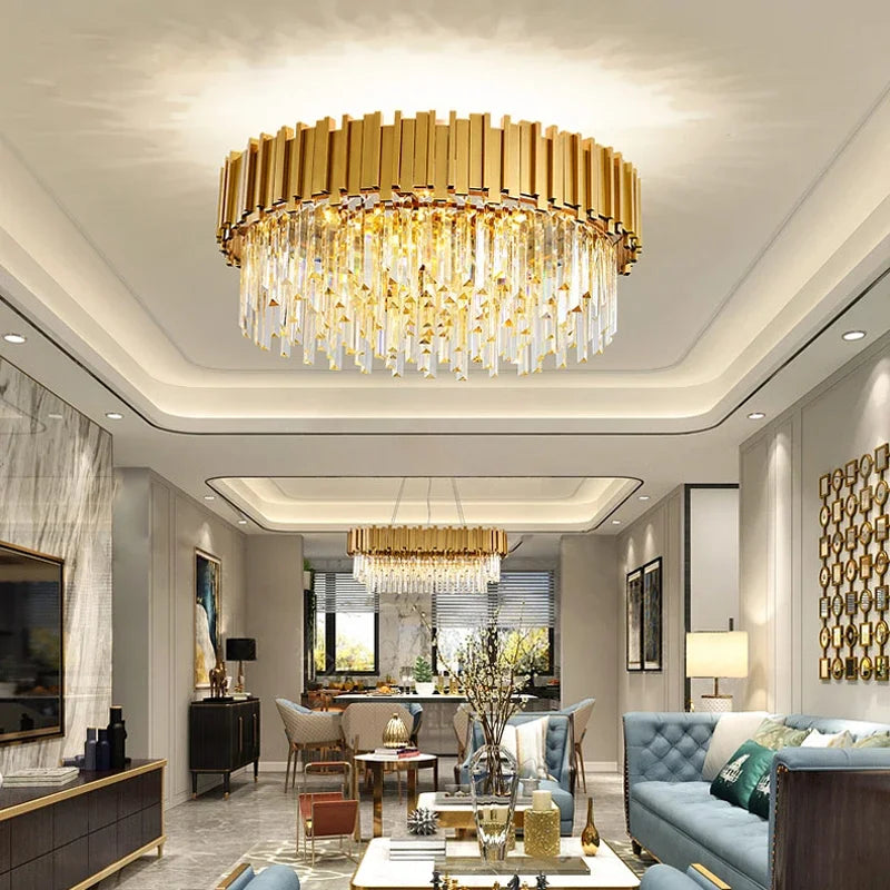 نجفة كريستال ذهبية من الستانلس ستيل من DecorBites™: إضاءة LED دائرية عصرية لغرفة الطعام