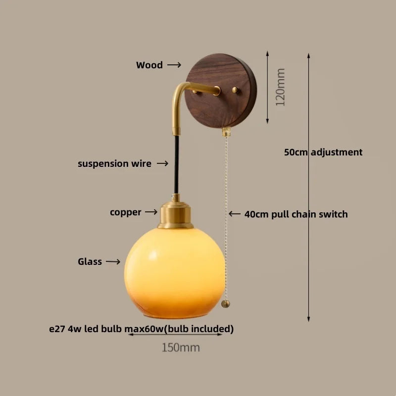 DecorBites™ Copper Adjustable LED Wall Light; Modern Pull Chain Switch Glass Stair Lights