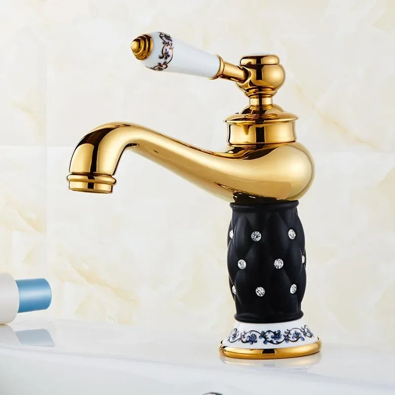 خلاط حوض ذهبي نحاسي من DecorBites™ مرصع بالماس، حنفية بمقبض واحد للمياه الساخنة والباردة