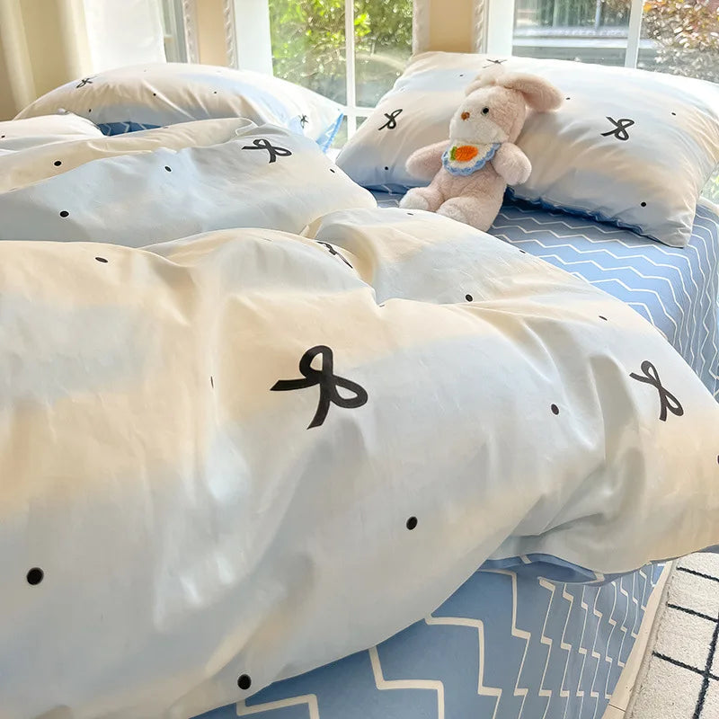 DecorBites™ Grid Print Cotton Bedding Set for Single Double Beds