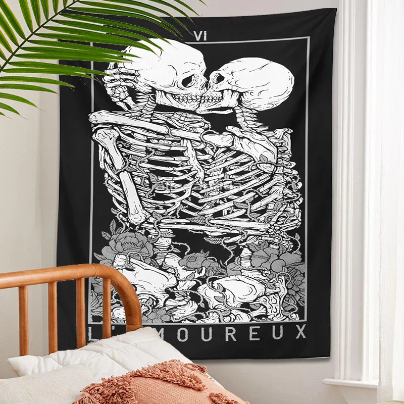 DecorBites™ Kissing Lovers Tarot Tapestry: Skeleton & Rose Hippie Room Decor