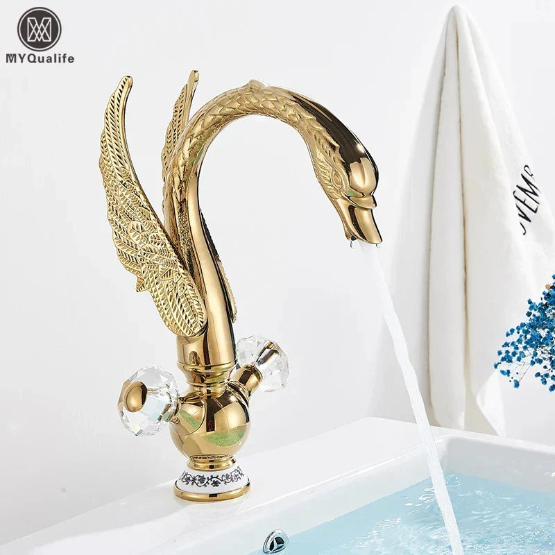 DecorBites™ Gold Brass Black Swan حوض حمام صنبور خلاط فردي فاخر مثبت على السطح