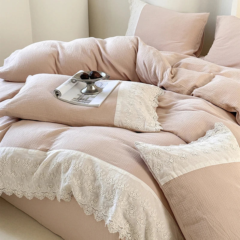 DecorBites™ French Lace Cotton Bedding Set: Duvet, Sheet, Pillowcases, 4Pc