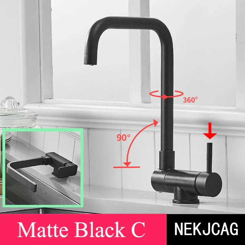 DecorBites™ 360° Rotating Black Kitchen Faucet, Deck Mount Sink Mixer Tap, 304 Stainless Steel