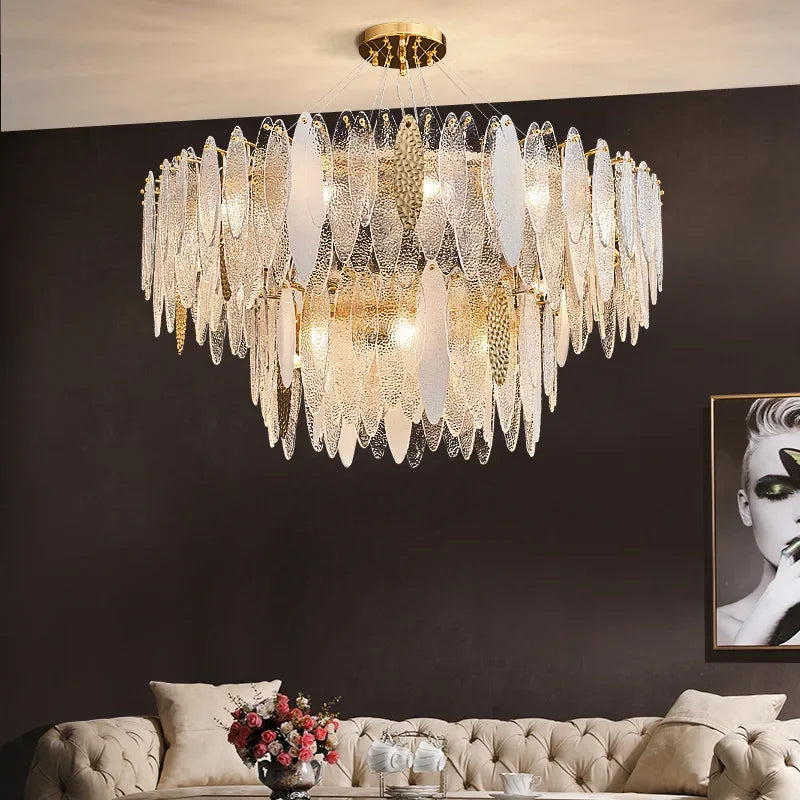 ثريا زجاجية ذهبية بإضاءة ليد من DecorBites™ لغرفة الطعام والمعيشة وغرفة النوم_الكلمة الرئيسية: مصابيح متدلية