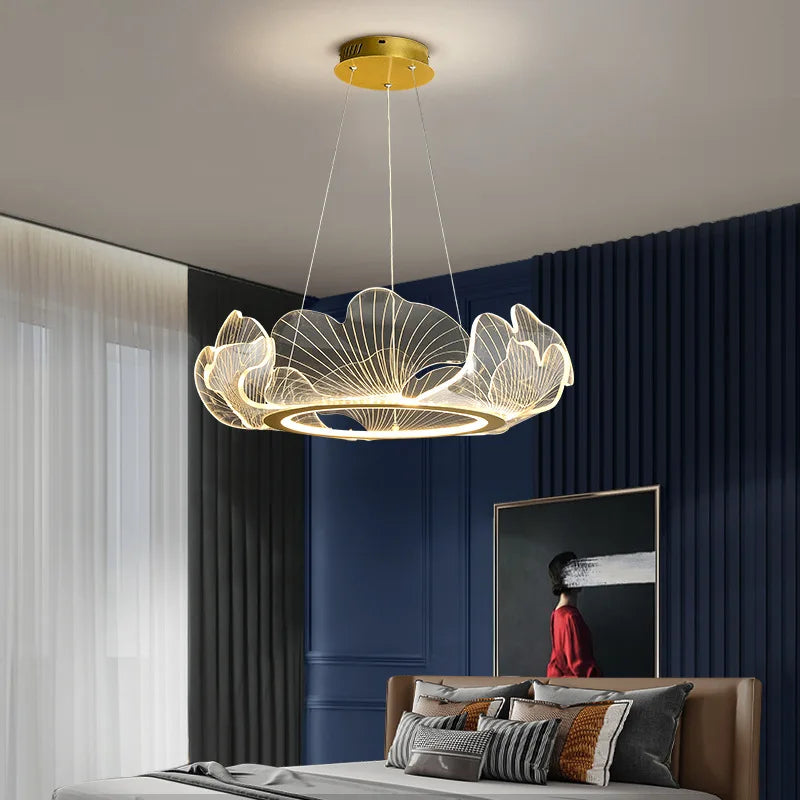 DecorBites™ Ginkgo Acrylic LED Pendant Chandelier Light, Gold Metal, Dimmable, Modern Minimalism