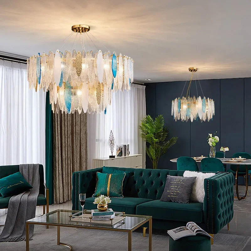 ثريا زجاجية ذهبية بإضاءة ليد من DecorBites™ لغرفة الطعام والمعيشة وغرفة النوم_الكلمة الرئيسية: مصابيح متدلية