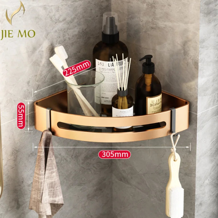 DecorBites™ رف زاوية ذهبي للحمام: رف تخزين مثلث مثبت على الحائط لأدوات الزينة