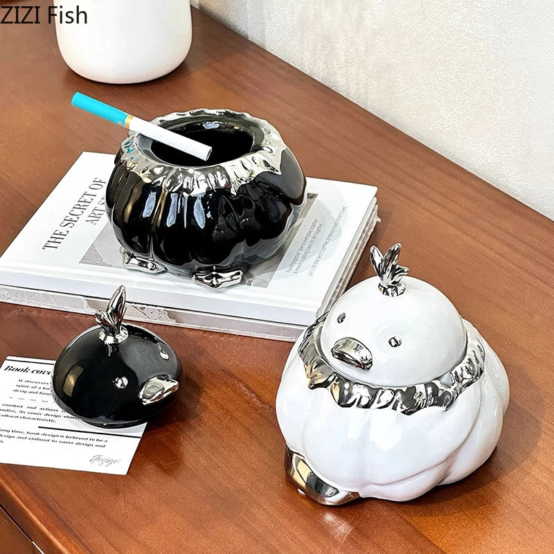 DecorBites™ Garlic Duck Ceramic Ashtray with Lid - Unique Desk Decoration and Smoking Accessory