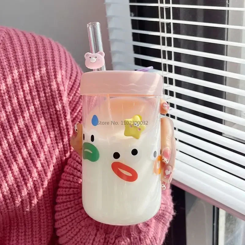 DecorBites™ Verres Kawaii avec couvercle et paille, Tasse à Bubble Tea - Vaisselle mignonne de 550 ml