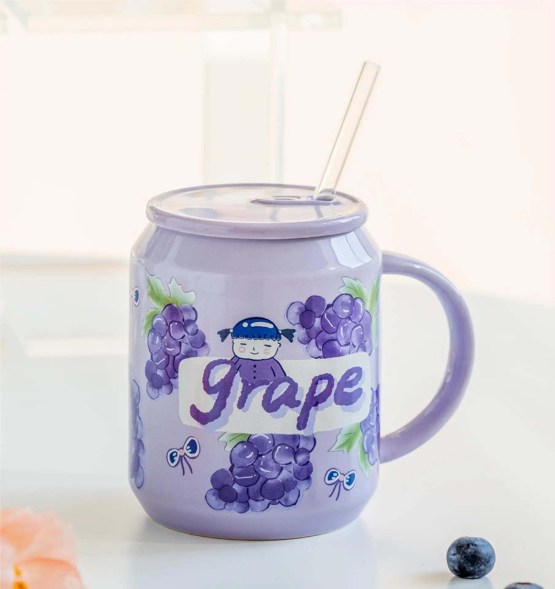 DecorBites™ Fruit Shape Ceramic Mug with Lid and Straw, Cute Korean Style Design