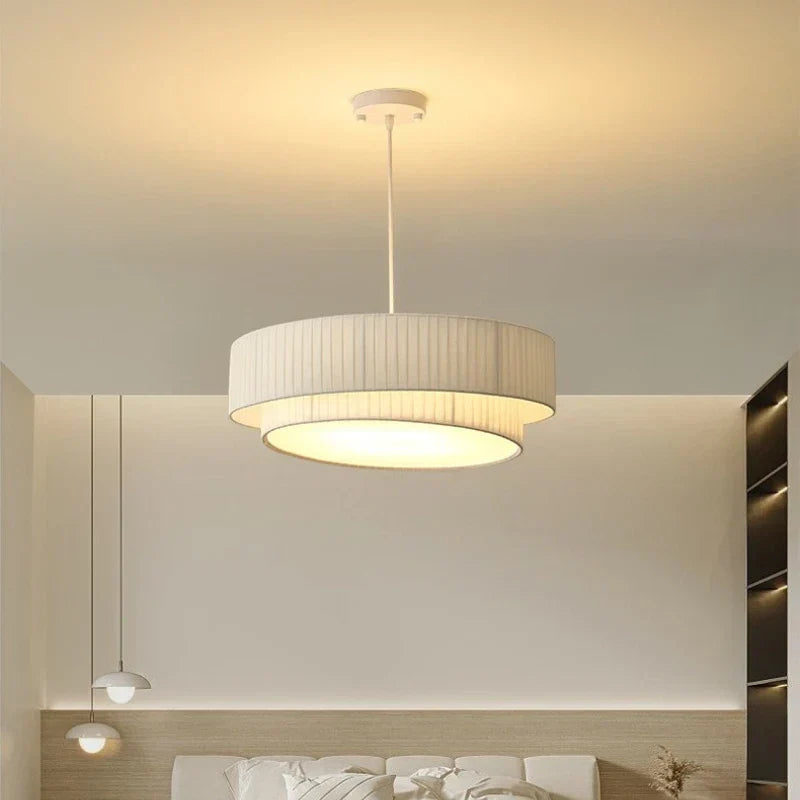 DecorBites™ Creamy Style E27 Chandelier Bedroom Pendant Lights: Minimalist White Fabric LED Lamps