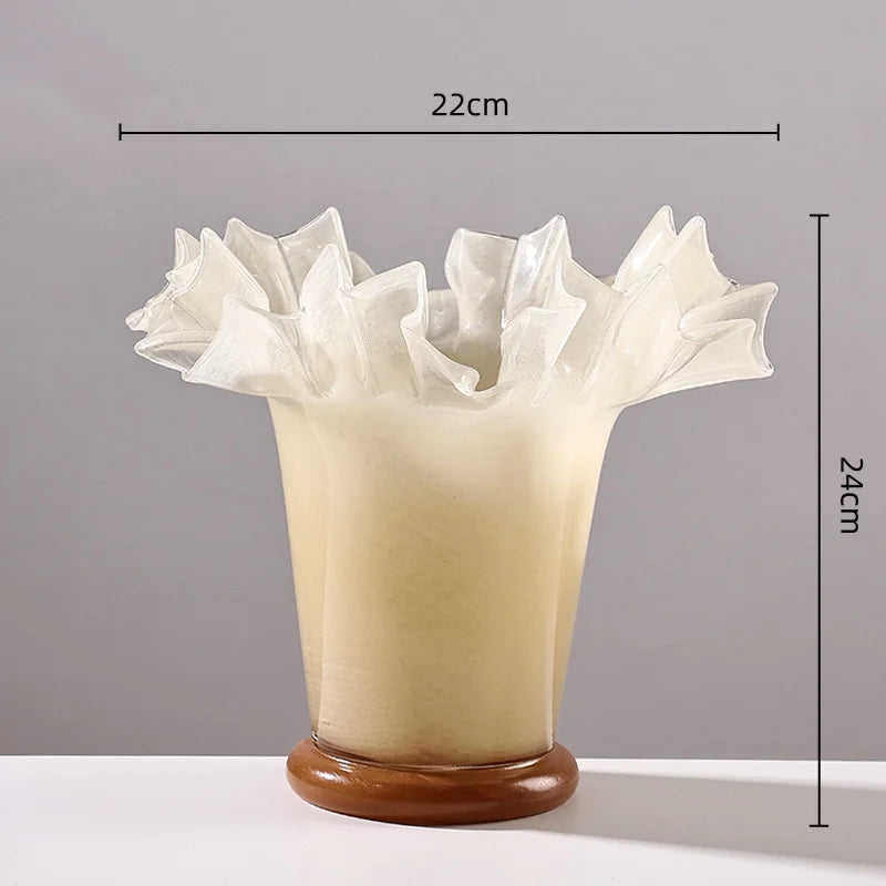 مزهرية زجاجية كبيرة من DecorBites™ بحافة ورقة اللوتس لديكور المنزل
