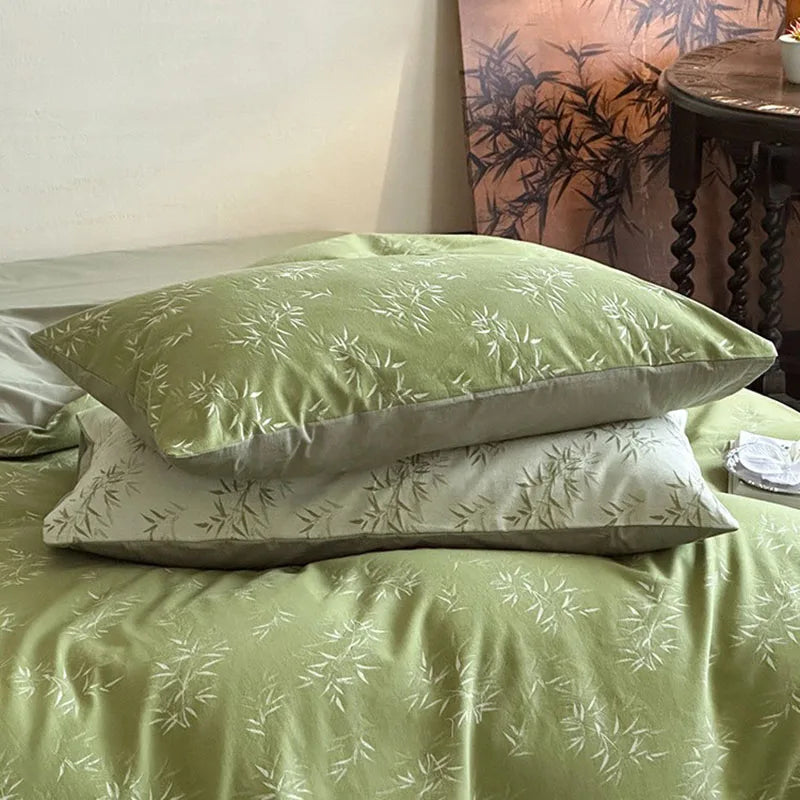 Parure de lit jacquard feuilles de bambou DecorBites™ : Douce et confortable, 100 % coton, verte, pour adultes et enfants.