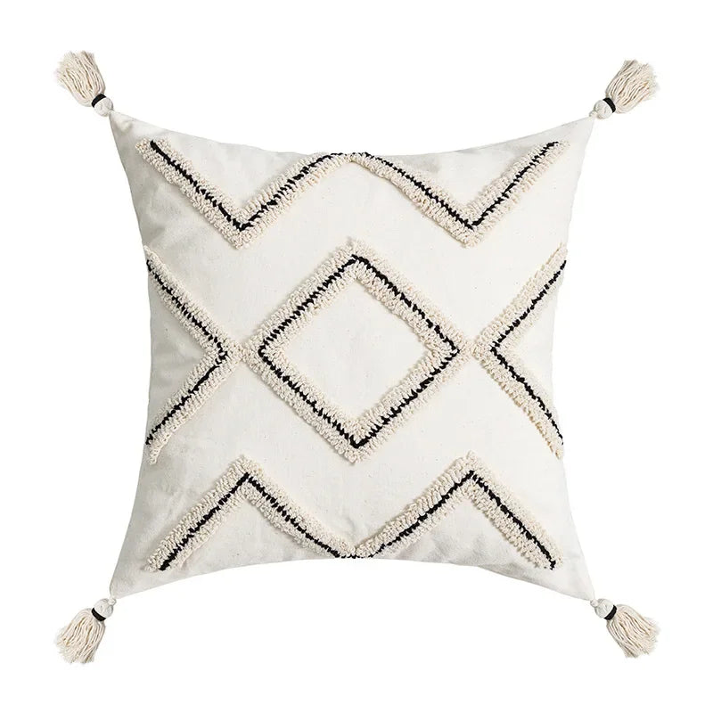 DecorBites™ Geometric Embroidery Tassel Cushion Cover - Grey White Simple Loop Tufted Pillow