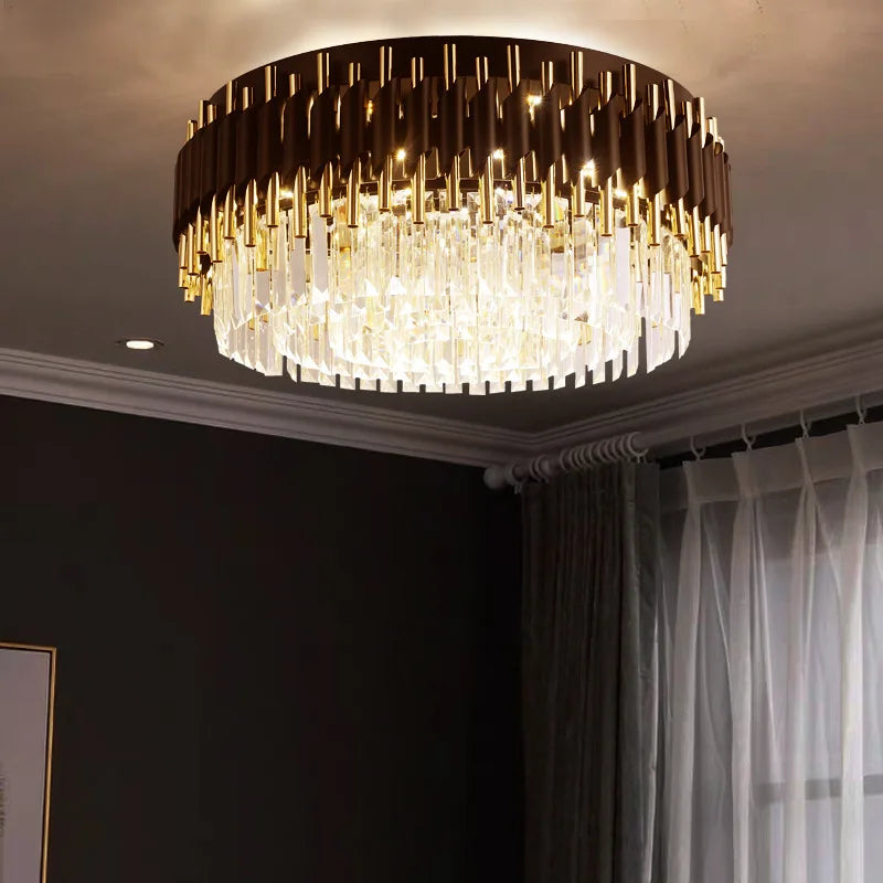 ثريا سقف كريستال ذهبية وسوداء DecorBites™ - مصباح قلادة LED دائري لإضاءة غرفة المعيشة