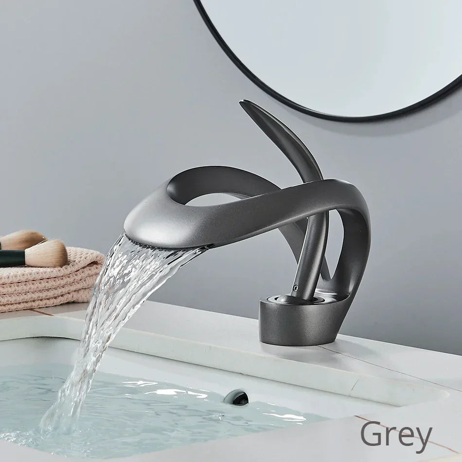 DecorBites™ Black Brass Waterfall Basin Faucet, Single Handle Deck Mount Vanity Tap