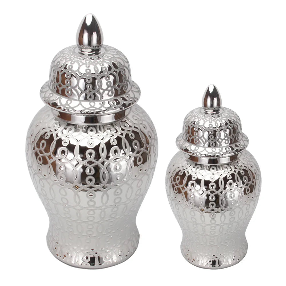 DecorBites™ Golden Pattern Porcelain Ginger Jar Vase with Lid for Home Decor